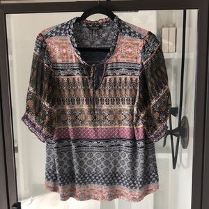 Lucky Brand Bohemian puff semi sheer sleeves tie neck hippie festival L boho